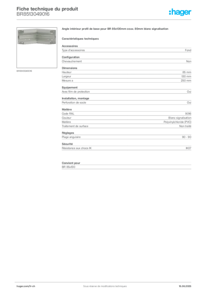 Image Hager Fiche technique du produit BR8513049016 | Hager Suisse