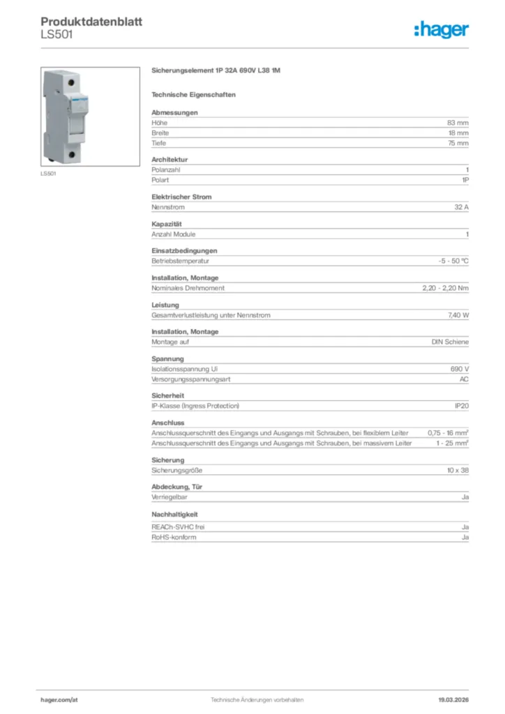 Bild Hager Produktdatenblatt LS501 | Hager Deutschland
