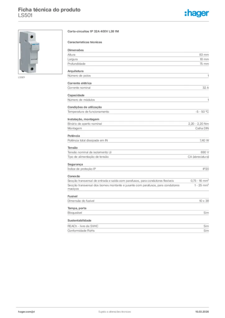 Imagem Hager Ficha técnica do produto LS501 | Hager Portugal