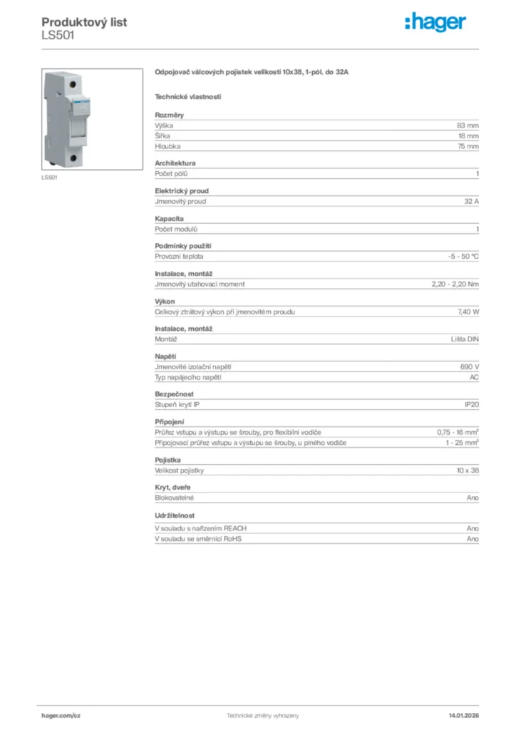 Obrázek Hager Product data sheet LS501 | Hager