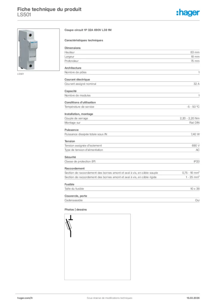Image Hager Fiche technique du produit LS501 | Hager France