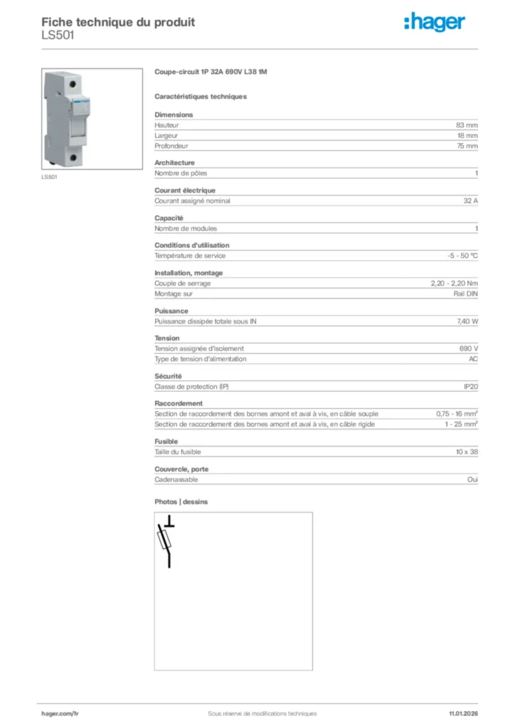 Image Hager Fiche technique du produit LS501 | Hager France