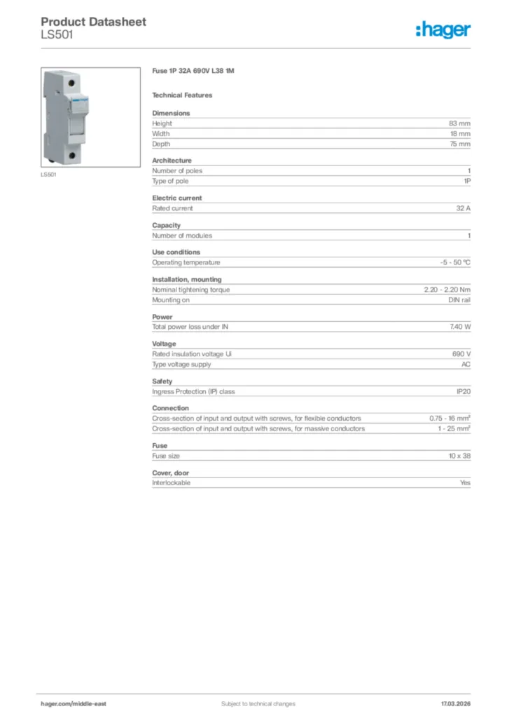Image Hager Product data sheet LS501  | Hager