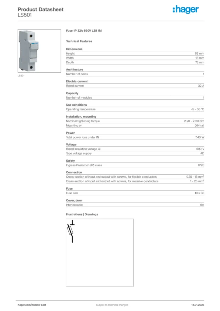 Image Hager Product data sheet LS501  | Hager