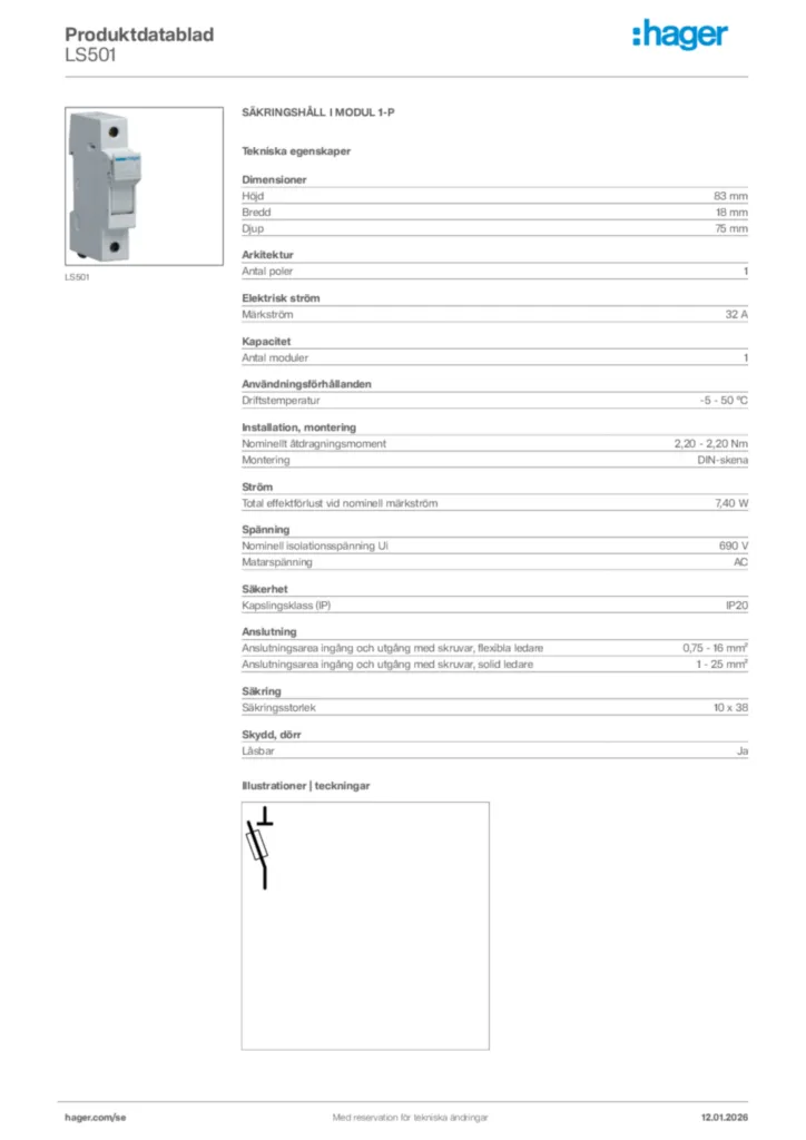 Bild Hager Produktdatablad LS501 | Hager Sverige