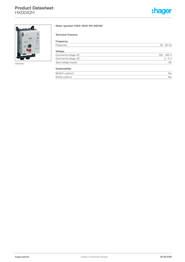 Image Hager Product data sheet HXD042H  | Hager