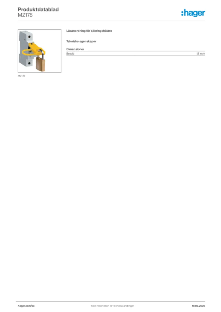 Bild Hager Produktdatablad MZ178 | Hager Sverige