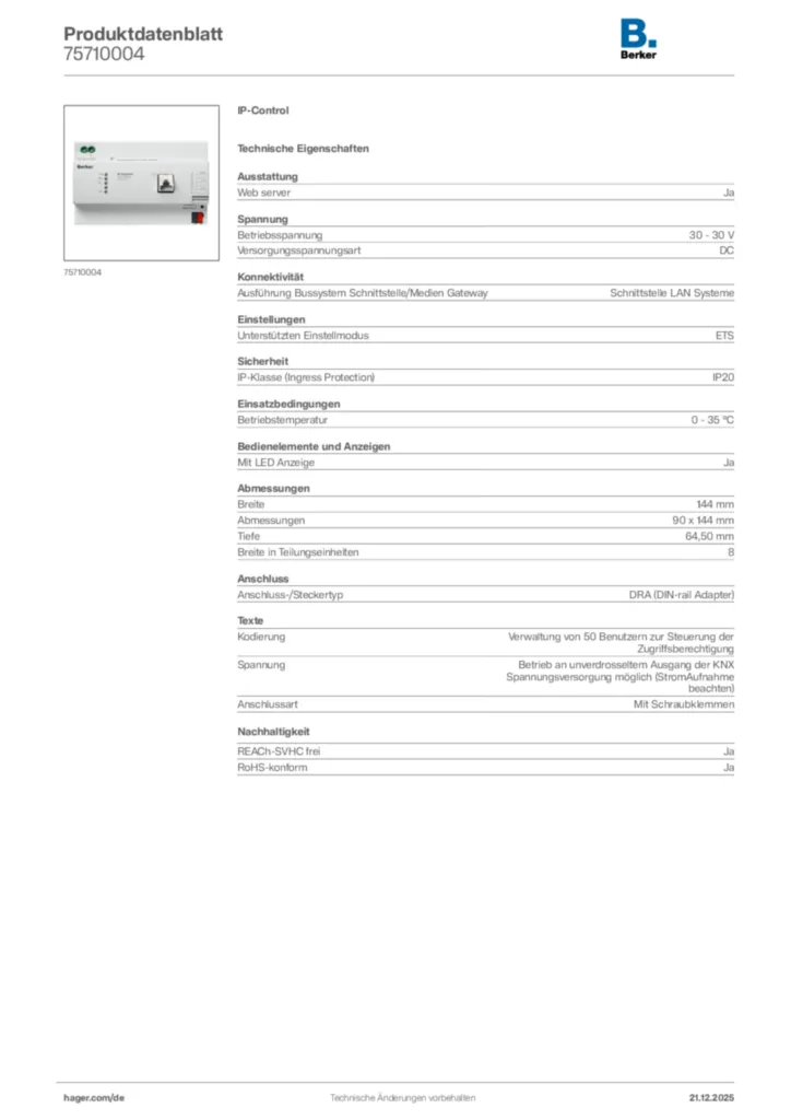 Bild Berker Produktdatenblatt 75710004 | Hager Deutschland