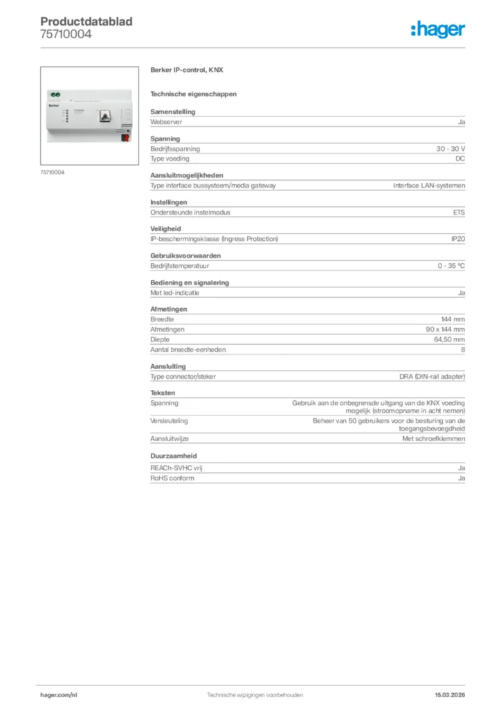 Afbeelding Hager Productdatablad 75710004 | Hager Nederland