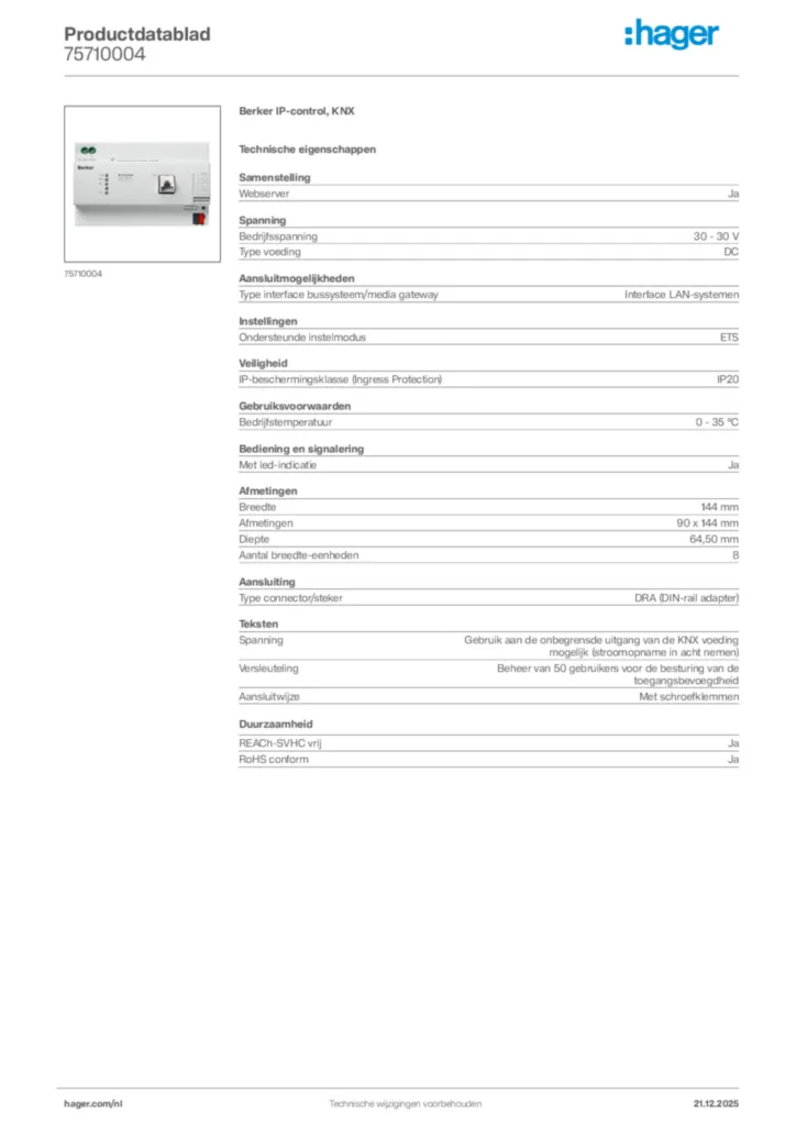 Afbeelding Hager Productdatablad 75710004 | Hager Nederland