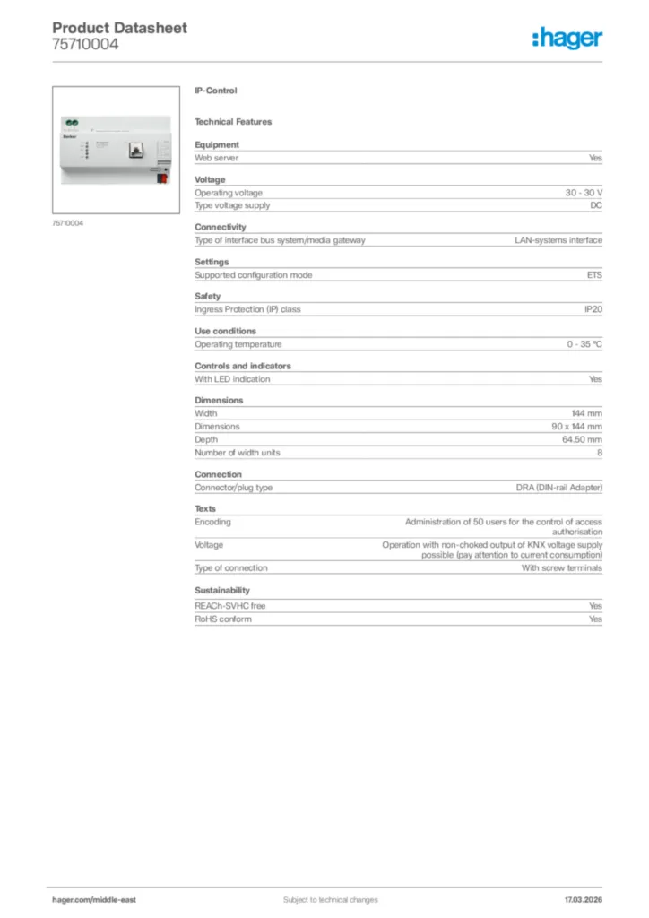 Image Hager Product data sheet 75710004  | Hager