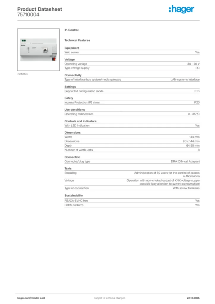 Image Hager Product data sheet 75710004  | Hager