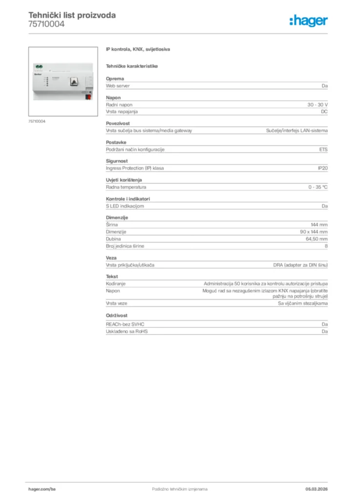 Slika Hager Tehnički list proizvoda 75710004  | Hager