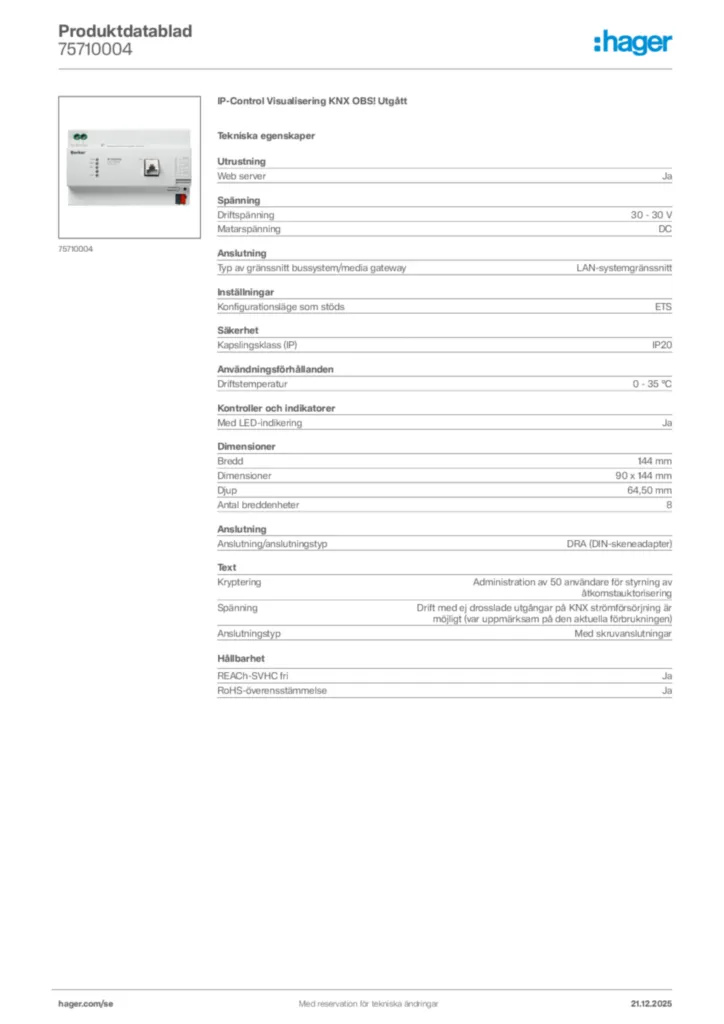 Bild Hager Produktdatablad 75710004 | Hager Sverige