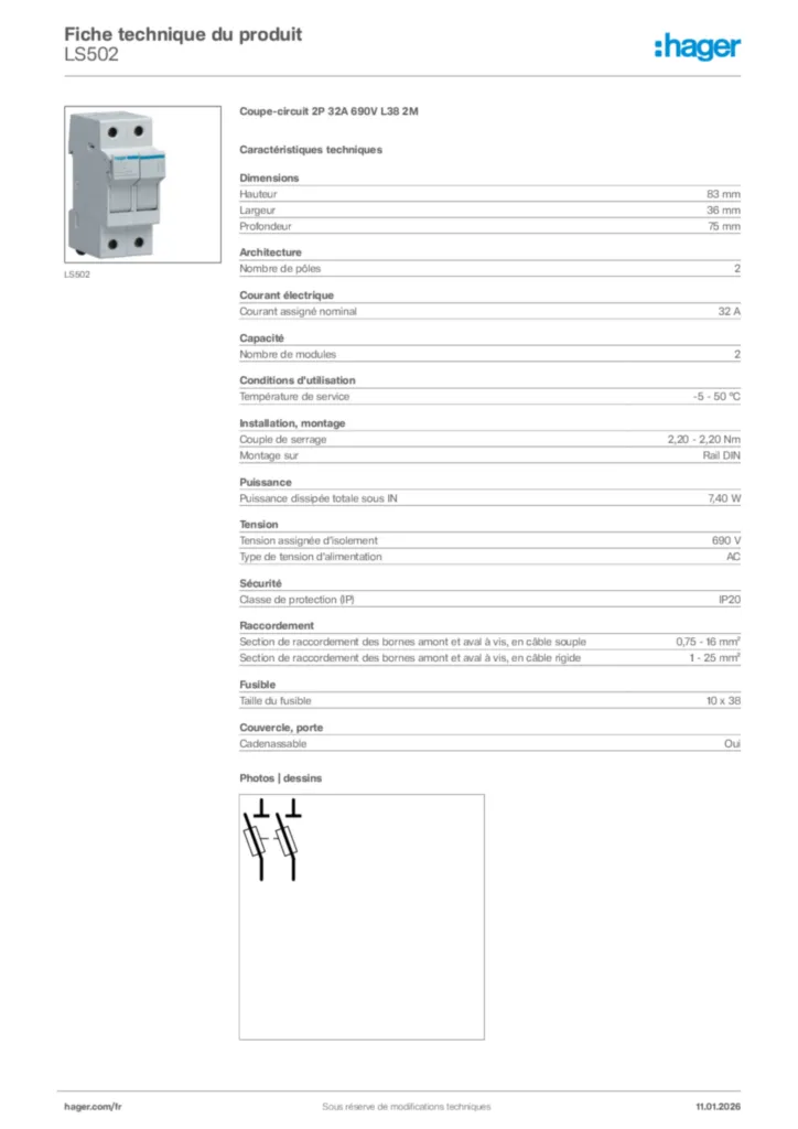 Image Hager Fiche technique du produit LS502 | Hager France