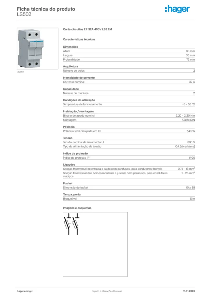 Imagem Hager Ficha técnica do produto LS502 | Hager Portugal
