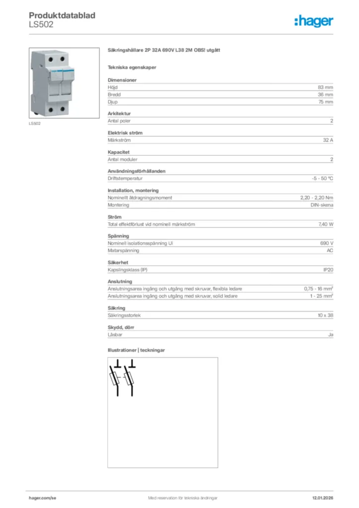 Bild Hager Produktdatablad LS502 | Hager Sverige