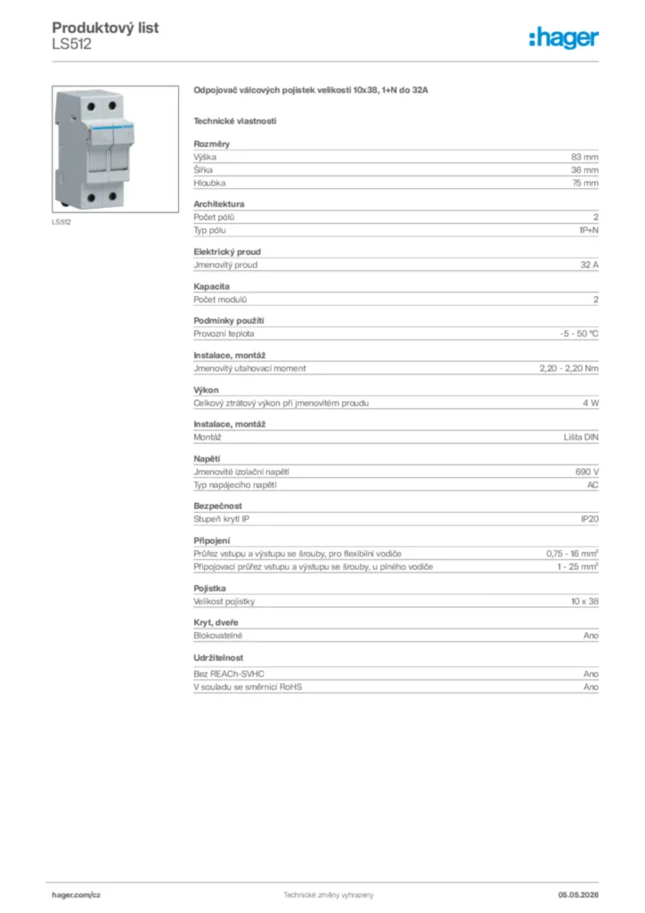 Obrázek Hager Product data sheet LS512 | Hager