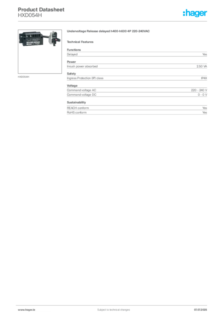 Image Hager Product data sheet HXD054H  | Hager