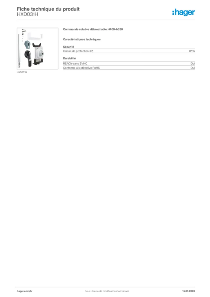 Image Hager Fiche technique du produit HXD031H | Hager France