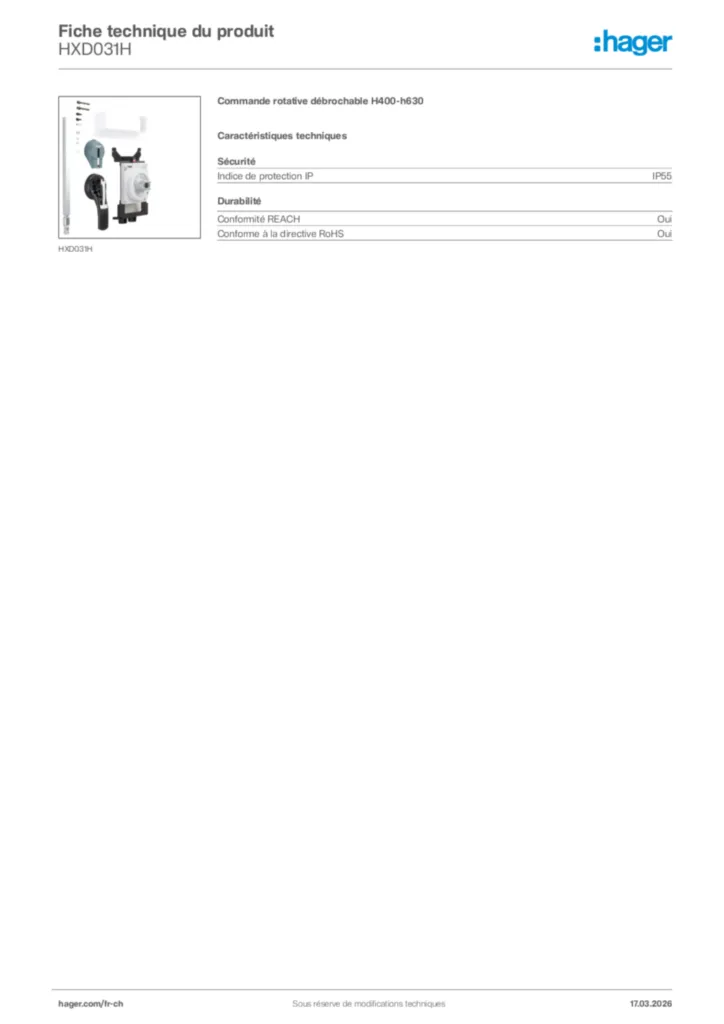 Image Hager Fiche technique du produit HXD031H | Hager Suisse