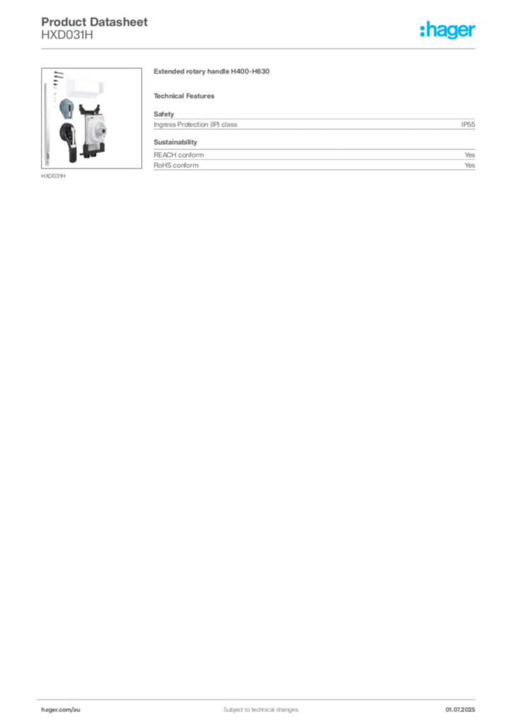Image Hager Product data sheet HXD031H  | Hager Australia