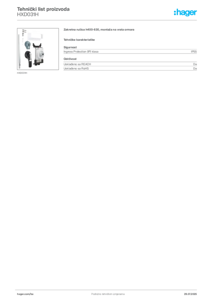 Slika Hager Product data sheet HXD031H  | Hager