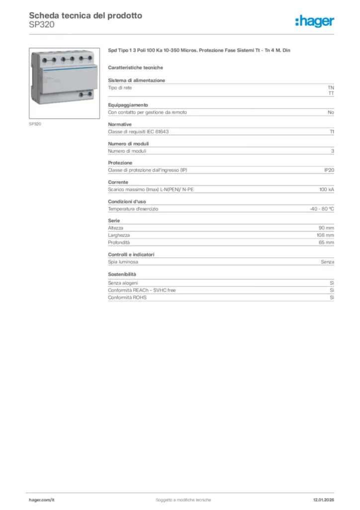 Immagine Hager Scheda tecnica del prodotto SP320 | Hager Italia