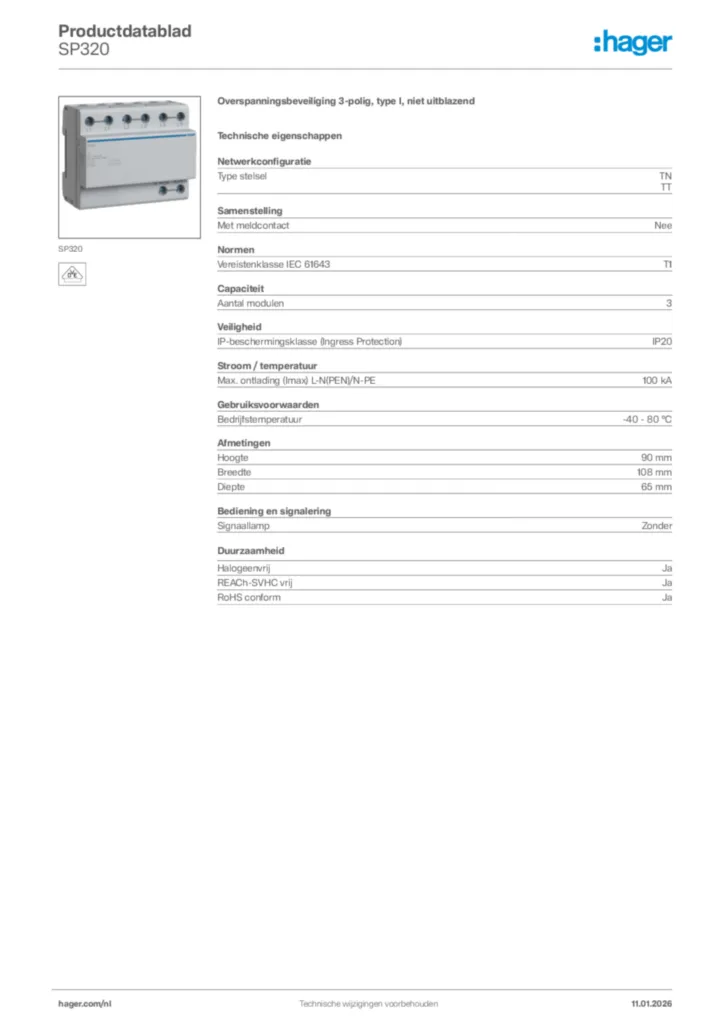 Afbeelding Hager Productdatablad SP320 | Hager Nederland