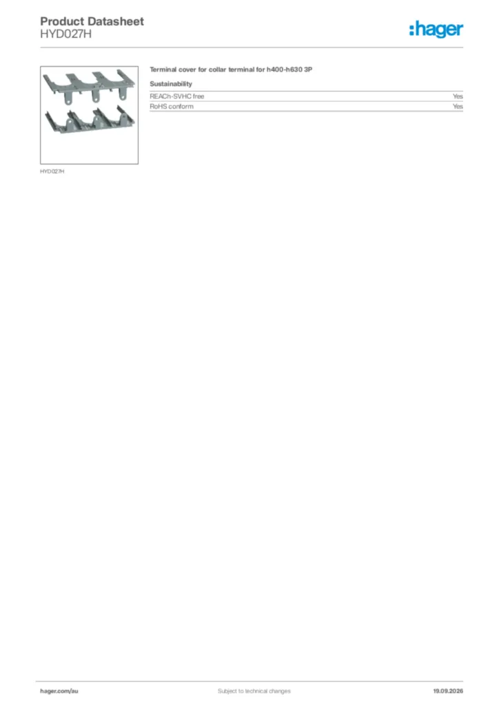 Image Hager Product data sheet HYD027H  | Hager Australia
