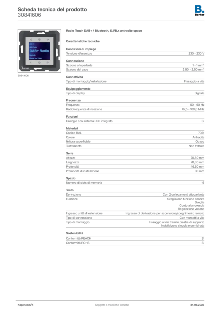 Immagine Berker Scheda tecnica del prodotto 30841606 | Hager Italia
