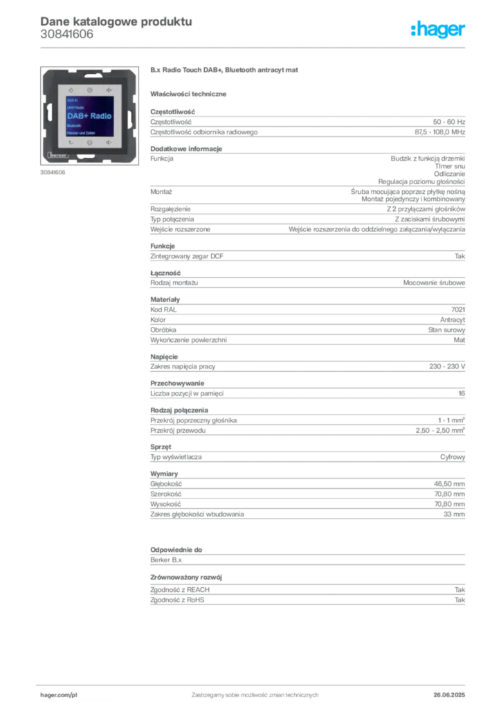 Zdjęcie Hager Dane katalogowe produktu 30841606 | Hager Polska