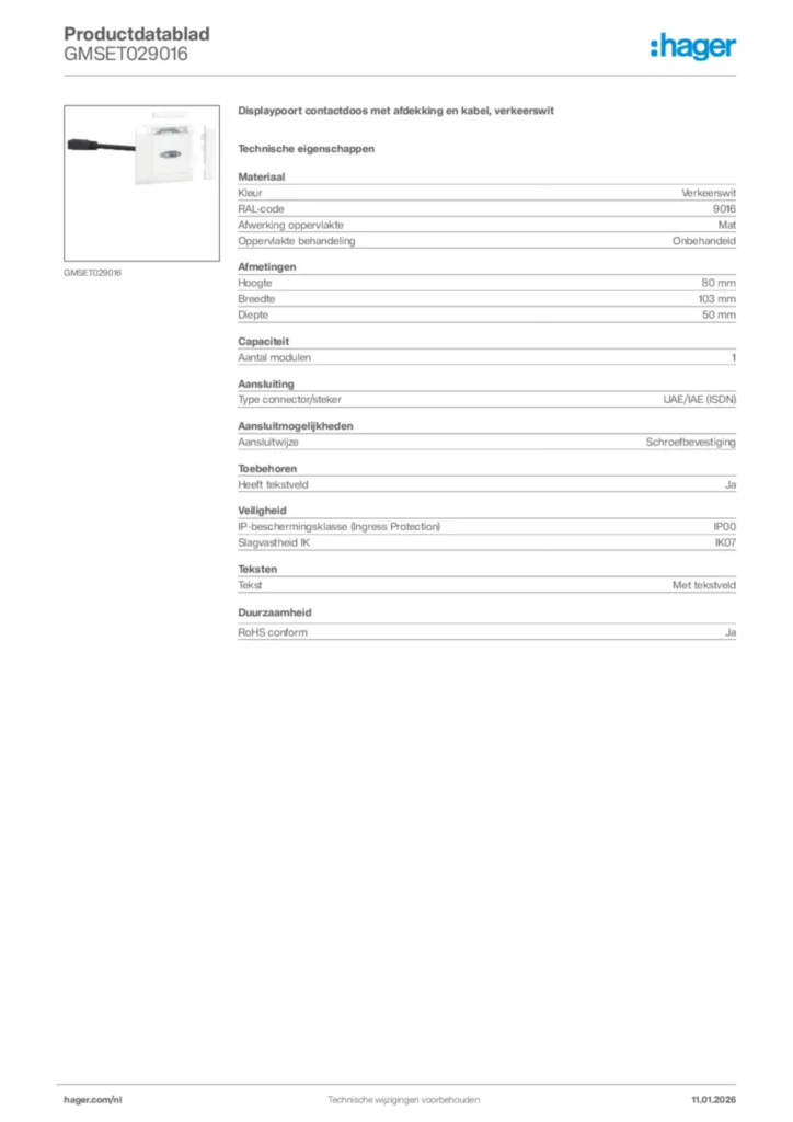 Afbeelding Hager Productdatablad GMSET029016 | Hager Nederland