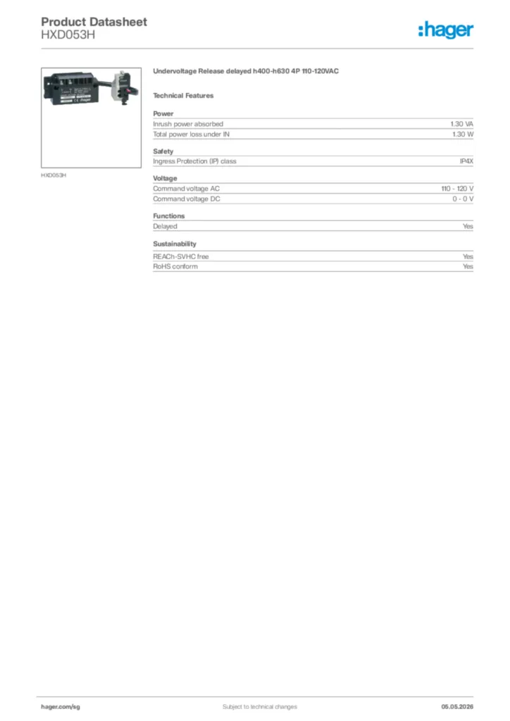 Image Hager Product data sheet HXD053H  | Hager