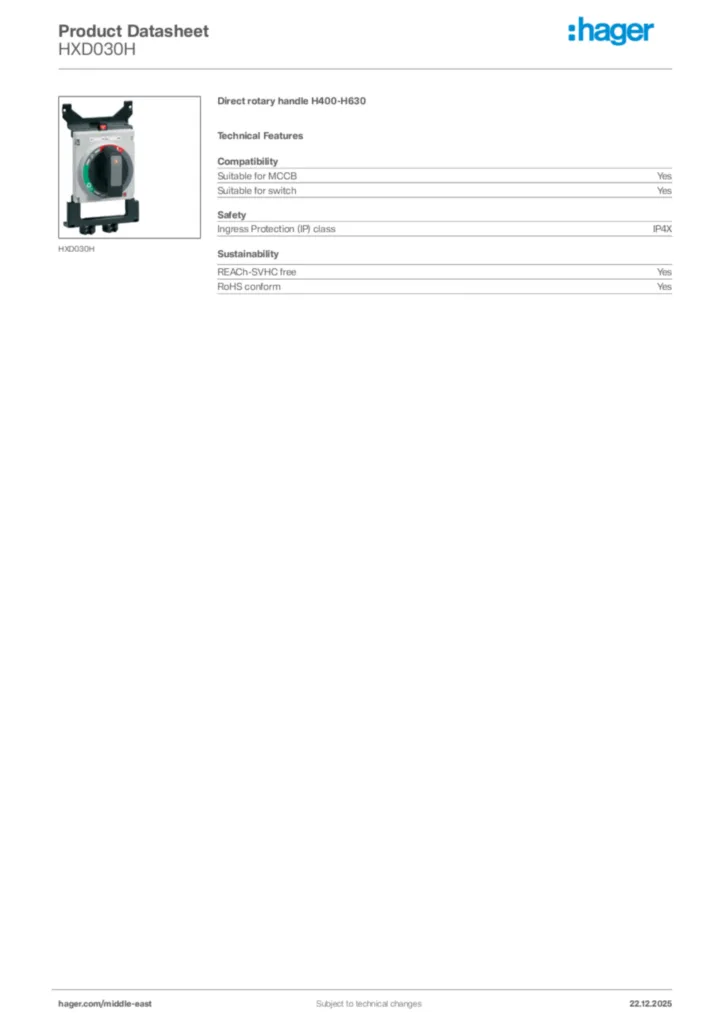 Image Hager Product data sheet HXD030H  | Hager