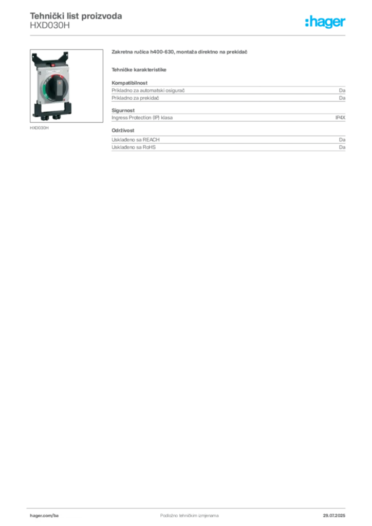 Slika Hager Product data sheet HXD030H  | Hager