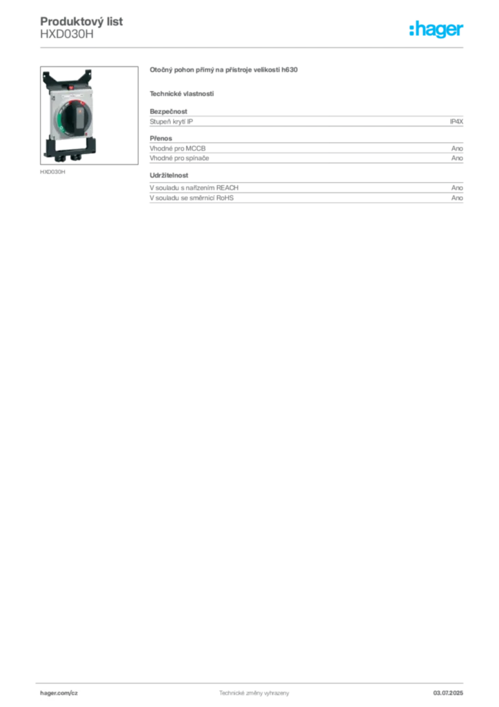 Obrázek Hager Produktový list HXD030H | Hager