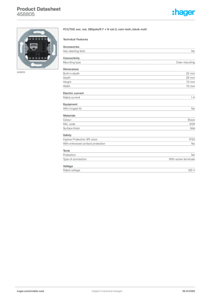 Image Hager Product data sheet 458805  | Hager