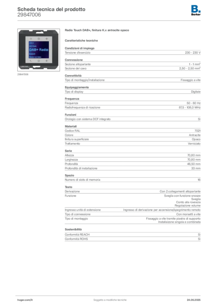 Immagine Berker Scheda tecnica del prodotto 29847006 | Hager Italia