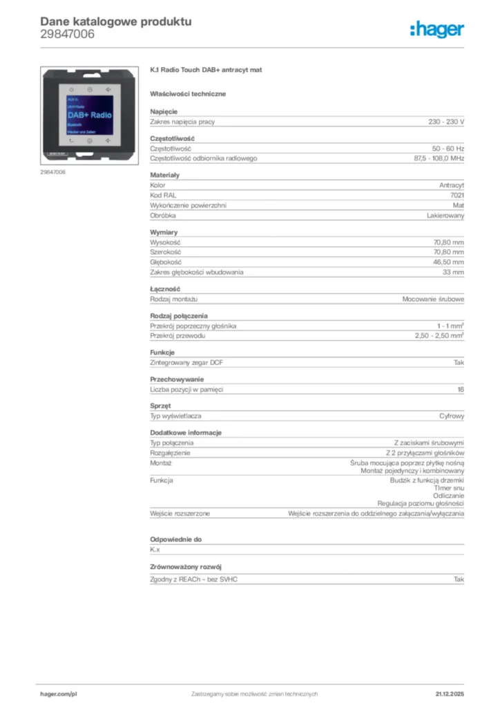 Zdjęcie Hager Dane katalogowe produktu 29847006 | Hager Polska