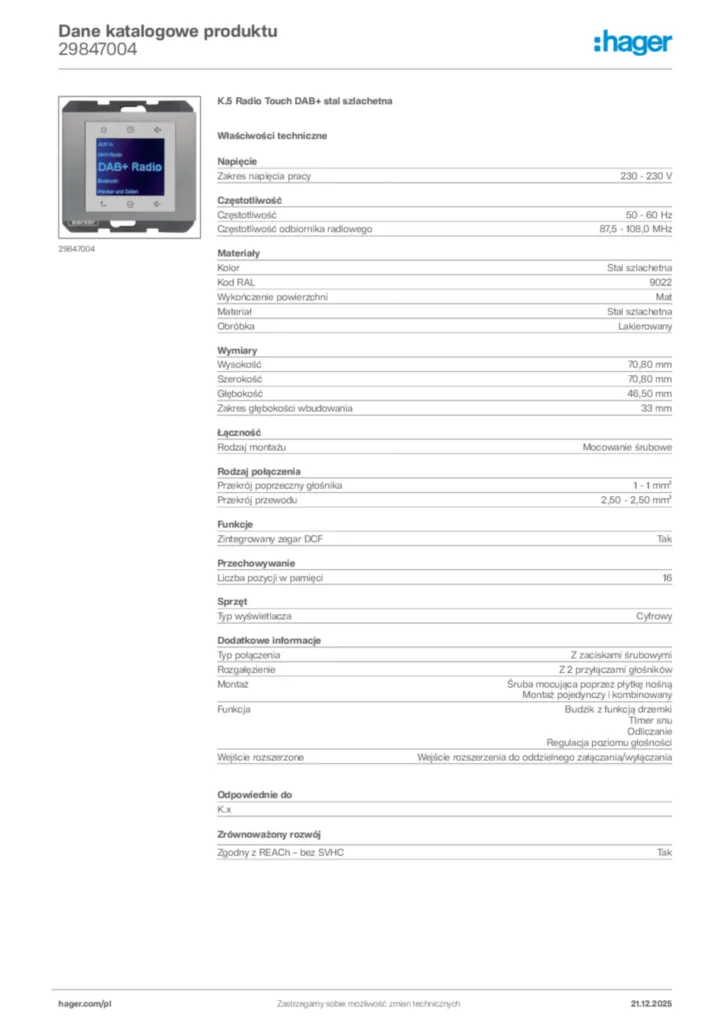 Zdjęcie Hager Dane katalogowe produktu 29847004 | Hager Polska