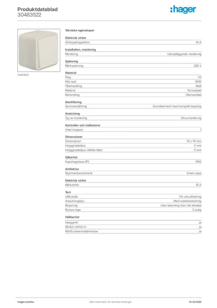 Bild Hager Produktdatablad 30483522 | Hager Sverige