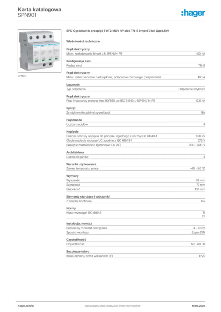 Zdjęcie Hager Karta katalogowa SPN901 | Hager Polska