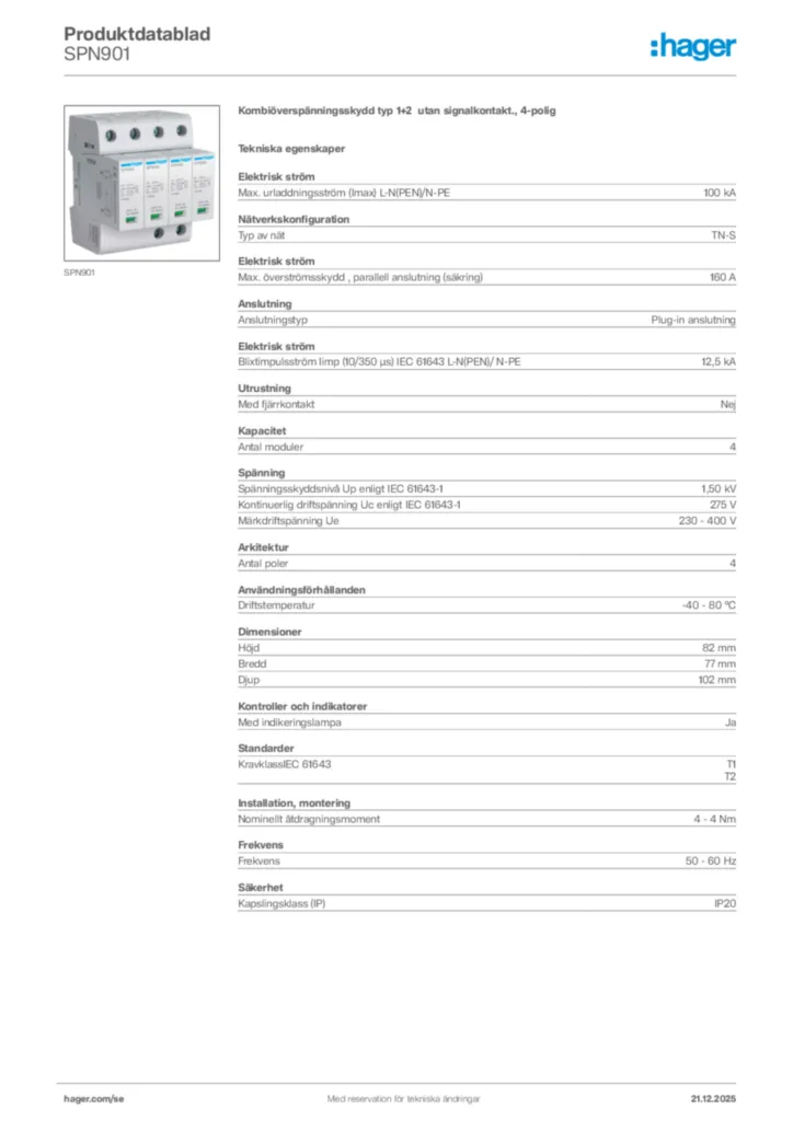 Bild Hager Produktdatablad SPN901 | Hager Sverige