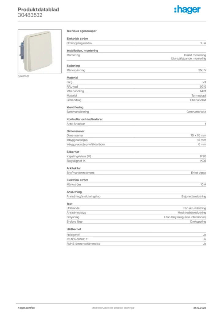Bild Hager Produktdatablad 30483532 | Hager Sverige