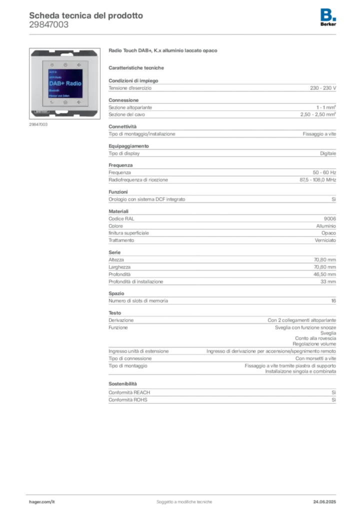 Immagine Berker Scheda tecnica del prodotto 29847003 | Hager Italia