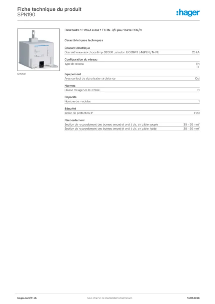 Image Hager Fiche technique du produit SPN190 | Hager Suisse