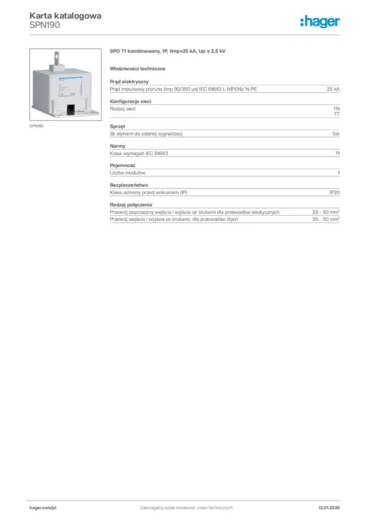 Zdjęcie Hager Karta katalogowa SPN190 | Hager Polska