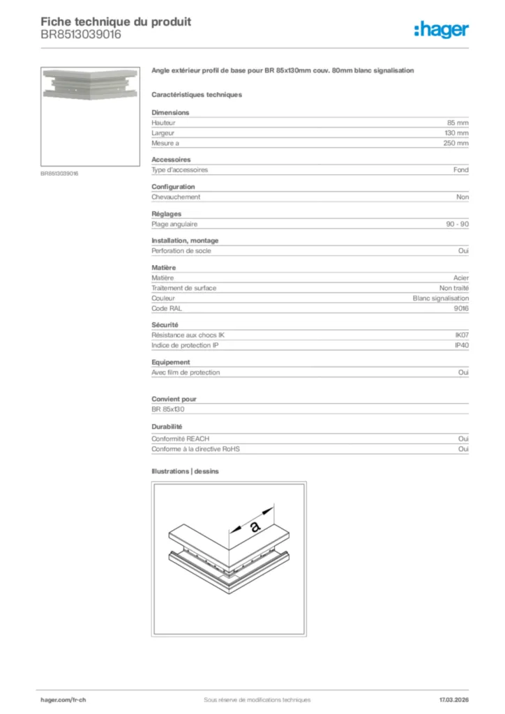 Image Hager Fiche technique du produit BR8513039016 | Hager Suisse