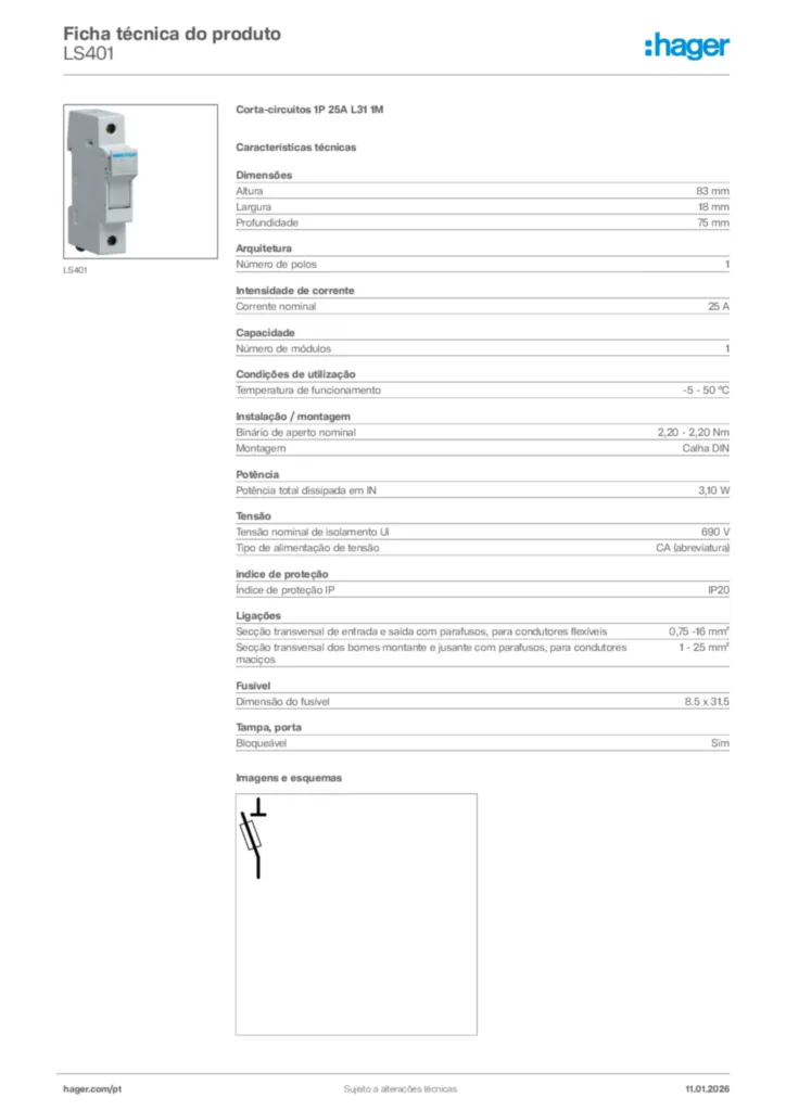Imagem Hager Ficha técnica do produto LS401 | Hager Portugal